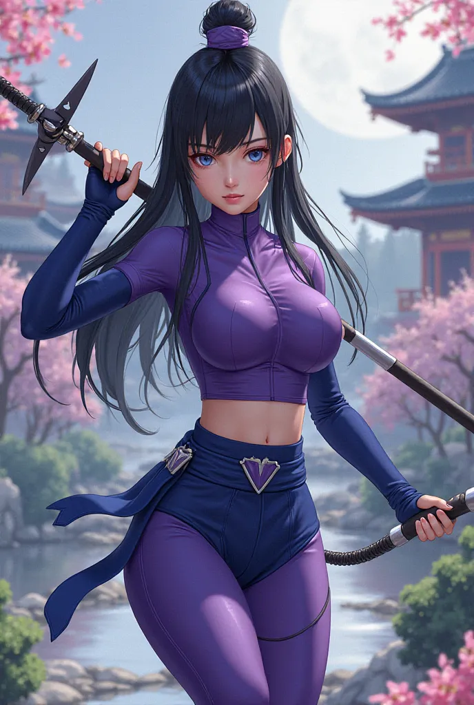 Create a Japanese character with long, straight black hair, blue eyes, wearing purple and blue sportswear and with a kusarigama 