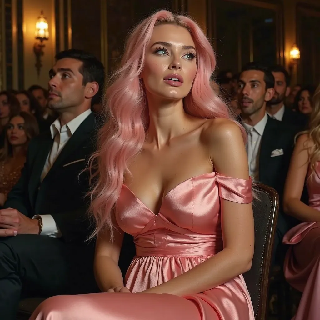 Ultra-realistic full-body shot of Anna Ailany López Nyström seated front row at a Dolce & Gabbana fashion show in Milan. She wears a custom-designed, breathtaking silk gown, draped elegantly over her voluptuous hourglass figure, enhancing her full bust and...