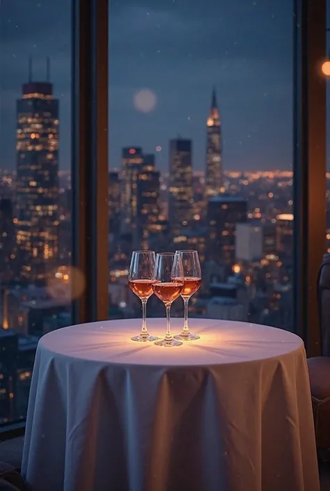 I want a very nice table with a wine glass. I want it to be night! I want it to have a glass window. I want you to show the city's buildings with lights on.  I want you to have 3 glasses of wine