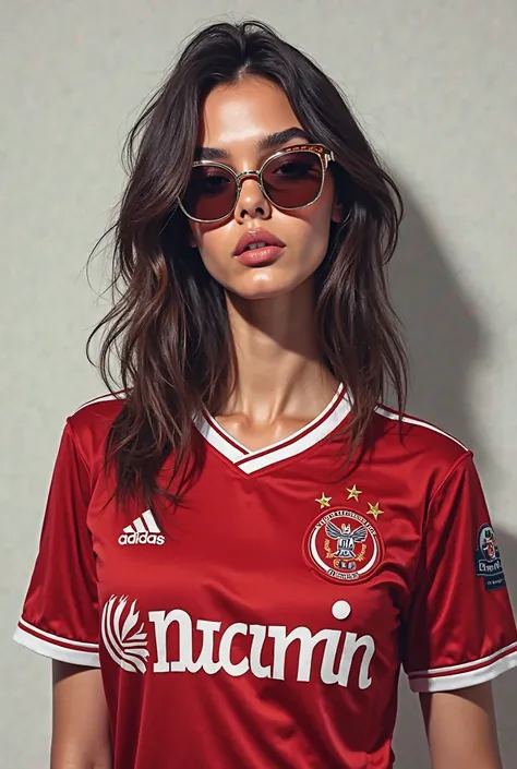 Can you create an image with the inscription ROZERİN on the picture of a beautiful young woman with a cool pose wearing sunglasses wearing a Galatasaray jersey standing next to her 