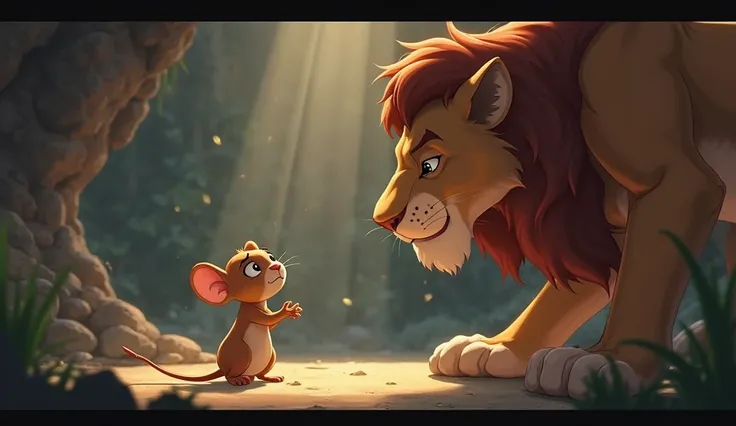 (Highest quality, masterpiece, High resolution)、4K Anime Art、Soft Light、A tiny, trembling Brown colour mouse looking up at the lion with wide, pleading eyes, speaking in a soft, desperate voice. The mouse's small paws are raised in a gesture of humility an...