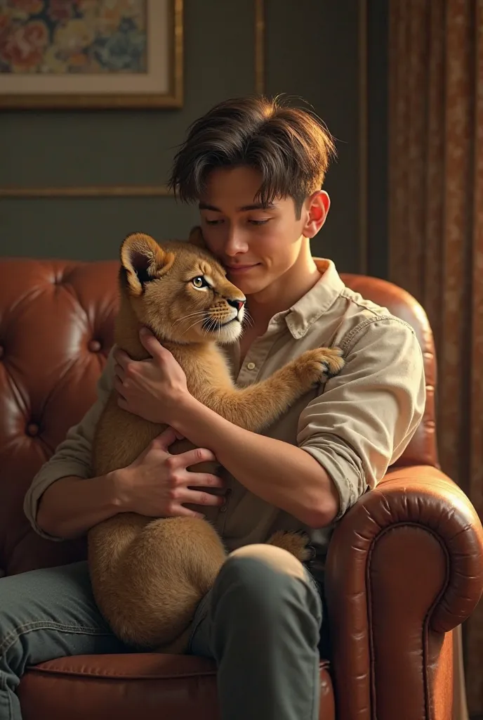 Lion loving cub,young man with short hair ,luxury at home ,leather sofa ,