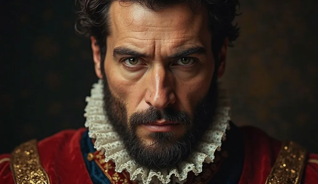 *"A hyper-realistic, cinematic close-up portrait of King Philip II of Spain in the 16th century. The image should focus on capturing his authoritative yet solemn expression, with sharp, piercing eyes reflecting the weight of his empire. His face is marked ...