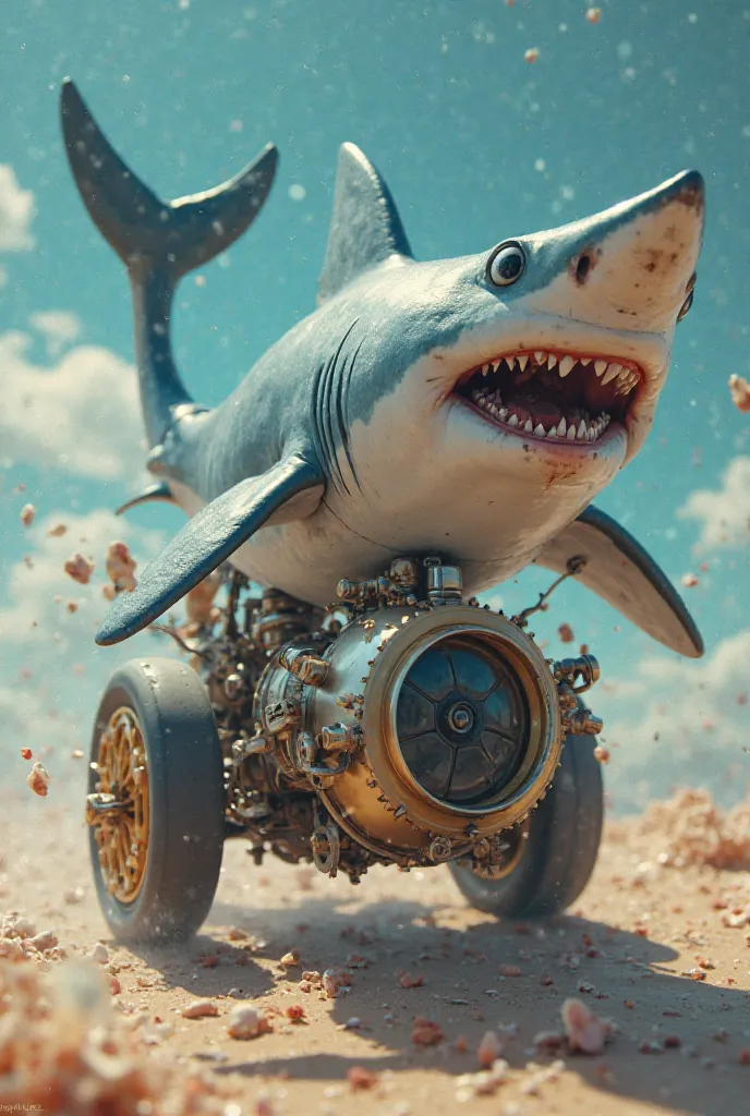 A shark doing a dab and playing the nose flute in a 1-wheeled vehicle.