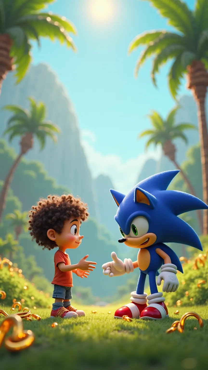 Animated video of a  boy with curly hair, white skin, and green eyes interacting with Sonic in a forest in your birthday. Use the colors of somic's green hill scene and their golden rings