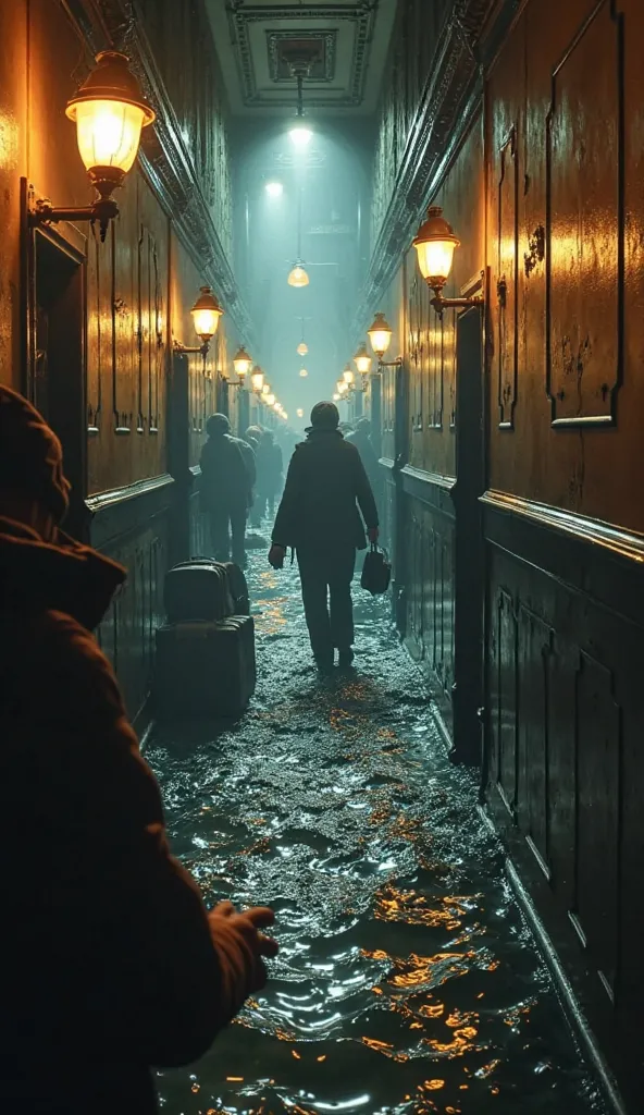 "A first-person view of the interior of the ship Titanic during the moment it is being flooded. The character's hands appear in the foreground, under pressure against the wall while trying to balance on the sloped, wet floor. Cold water quickly invades the...