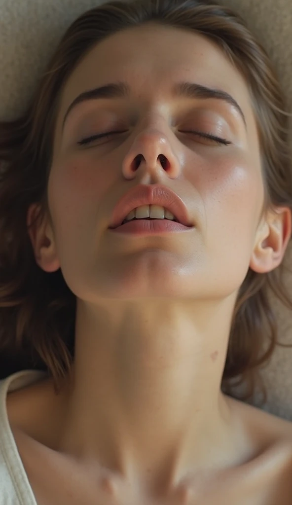 A close-up of a woman's face with her eyes closed, taking a deep breath. Her expression is peaceful, her shoulders relaxed. Soft natural lighting highlights her facial contours, with a blurred neutral background. Photorealistic cinematic style, close-up sh...