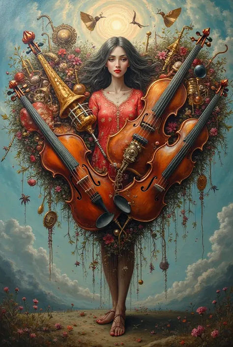 Antonia of a heart formed by musical instruments surrealist art 