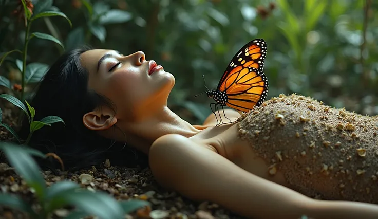 a monarch butterfly rising from the dead body of a young mexican woman