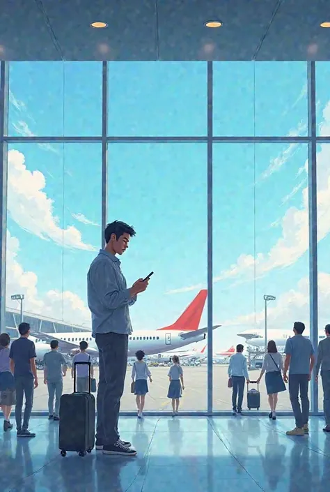 In the modern airport arrival hall，A man in casual clothes is standing at the exit，Check the time with a mobile phone in their hands，while looking at the crowd。The background is a huge floor-to-ceiling glass window，, several airplanes docked outside， blue ...