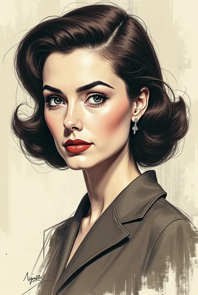 Portrait of a classy 1950s woman with slight shapes in sketch version 