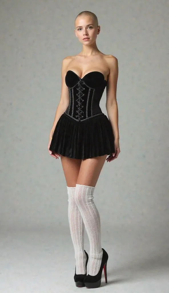 Young white girl standing in a studio. she is wearing a black corset and a black velvet accordin miniskirt. she has a bald head, white thick knitted over-the-knee socks and black stilettos heels with high soles. she has wide hips and big breasts. She is st...