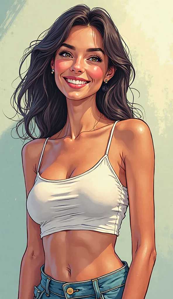 DISCREET image. with discreet casual clothes. image adult woman, american, JUST comic book style. with a smile. IMAGES WITH VIBRANT COLORS. half body. a place with light colors.