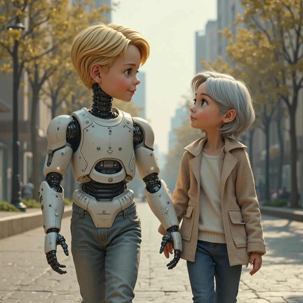 Realistic and emotional 

"A  robot boy with blond hair and fair skin walks down the street with an older woman with gray hair and kind expression. The boy has a futuristic design but with human features, wearing ordinary clothes with metallic details on h...