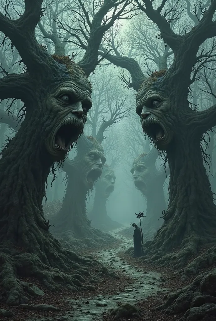 Twisted trees with dying human faces cover the way. Black leaves fall like ashes, and distressed whispers fill the air. The ground moves, formed by millions of souls creeping relentlessly.
