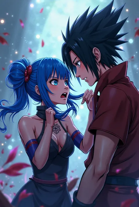 Blue-haired Jinx from Arcane League of Leagues and Sasuke Uchiha from Naruto pulling her hair does Sasuke just like in the anime and the Jinx anime version and with her hair