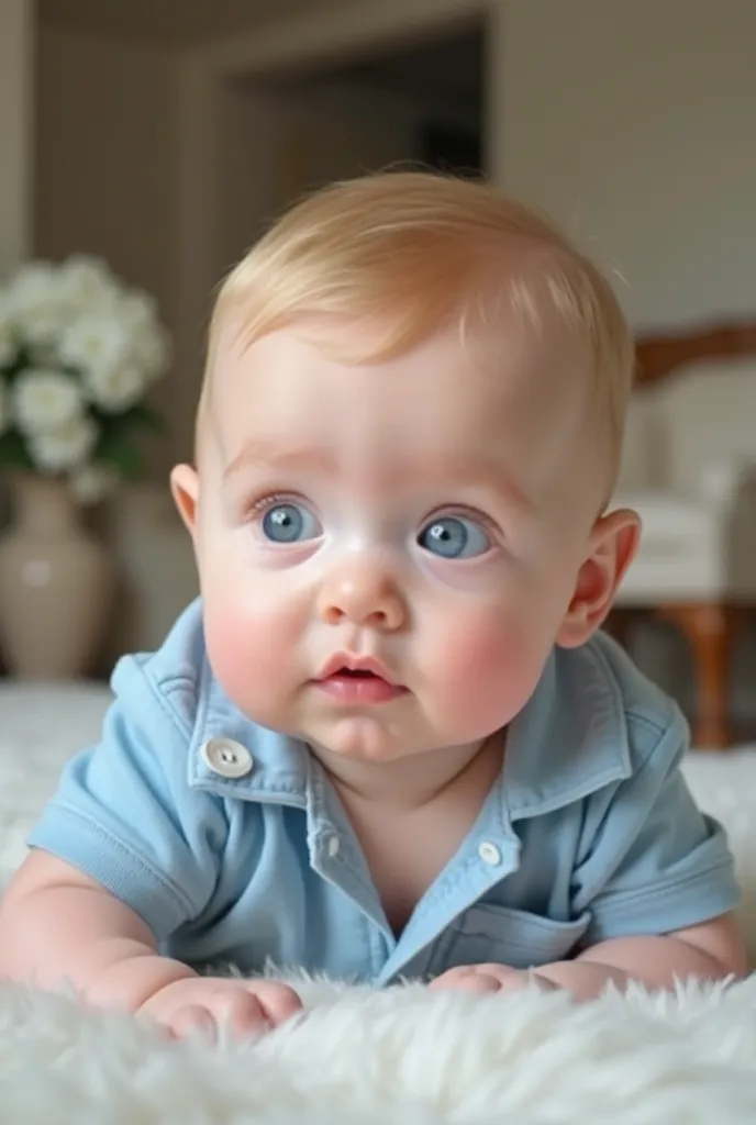  A beautiful baby boy is lying down , branquinho, blondie, fatty,  of bright blue eyes , with a curious and delicate expression. She wears a light blue polo shirt, with small buttons and well-defined seams.  His pink lips are slightly ajar , and her fluffy...