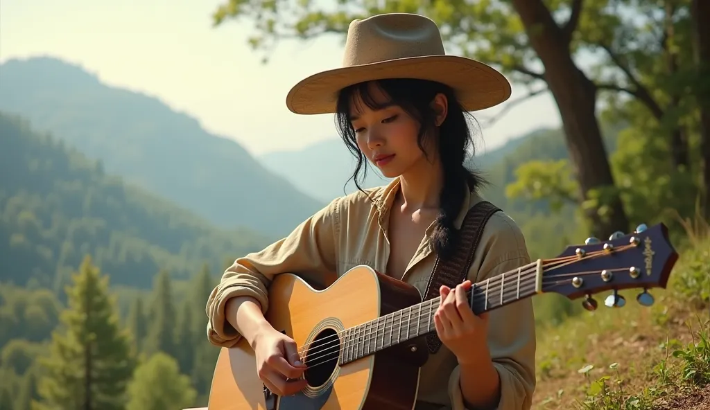 (photorealism:1.2), "A girl with a cowboy hat, wearing a light shirt, sitting outdoors in a natural, expansive landscape. He is focused on playing an acoustic guitar, and the scene captures the serene atmosphere of the moment. The background features lush ...