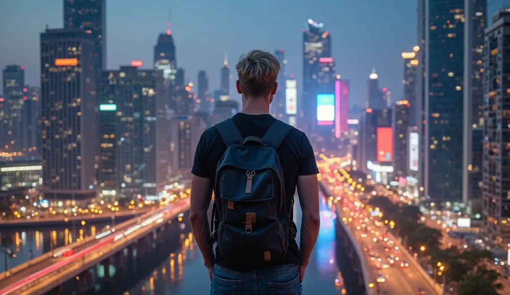 Create an image realistic and impressive 28-year-old blond man with his back, admiring the big city in front of him.  He has short hair , well-groomed beard and light blue eyes. Are you wearing a short sleeve black t-shirt and jeans, with a black backpack ...