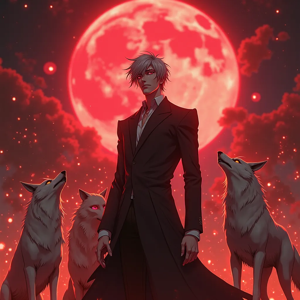 gin ichimaru realistic 3D IMAGE cinematic image fantastic environment RED BRIGHT FULL MOON BRIGHT RED EYES WOLVES SPARKS