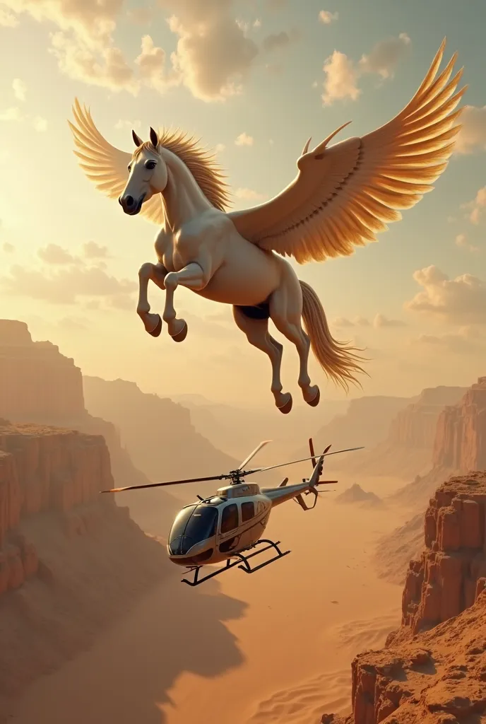   A horse flies in the desert sky and is followed by a flying helicopter 
