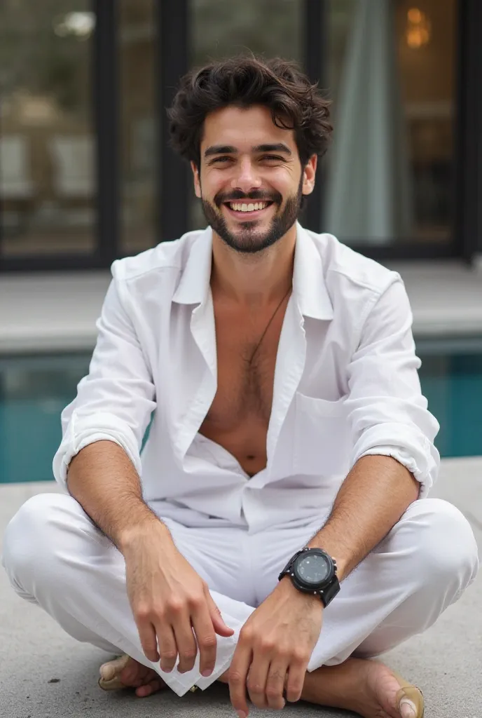 In the picture, there is a young man sitting on the ground wearing a bright white dress, smiling clearly. His hair is thick black and naturally styled. He has a light beard that adds to his features and a handsome. His skin has a warm white color, and his ...