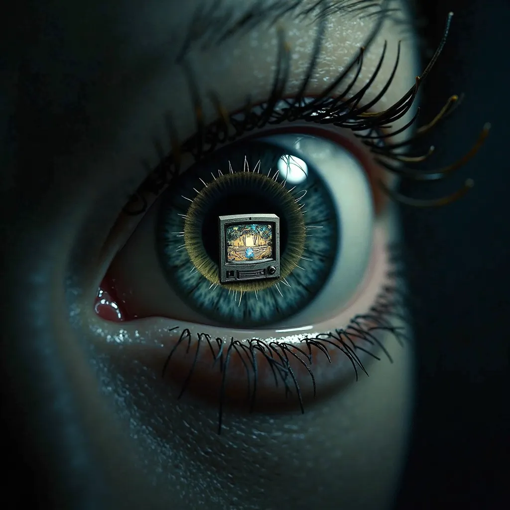 "Eye, who has a miniature TV instead of a pupil, showing the endless fall of yourself" — a hypnotic effect.