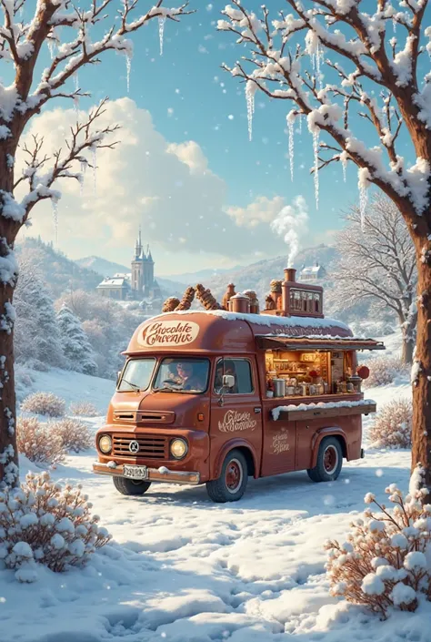 Chocolate truck on the snow
