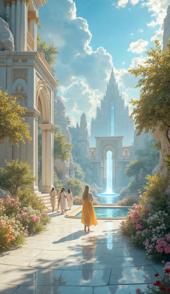 A **majestic celestial garden**, suspended above an **infinite sky of pure, radiant blue**, flourishes atop a **floating landscape of luminous, cloud-like marble**. The scene is adorned with **soaring ivory colonnades, golden archways, and lush gardens fil...