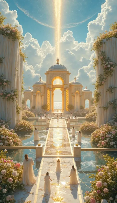 A **heavenly garden of eternity**, suspended upon a **floating terrace of soft, luminous clouds**, stretches infinitely into the **radiant celestial expanse**. This divine sanctuary is adorned with **towering pearl-white columns wrapped in golden vines, ca...