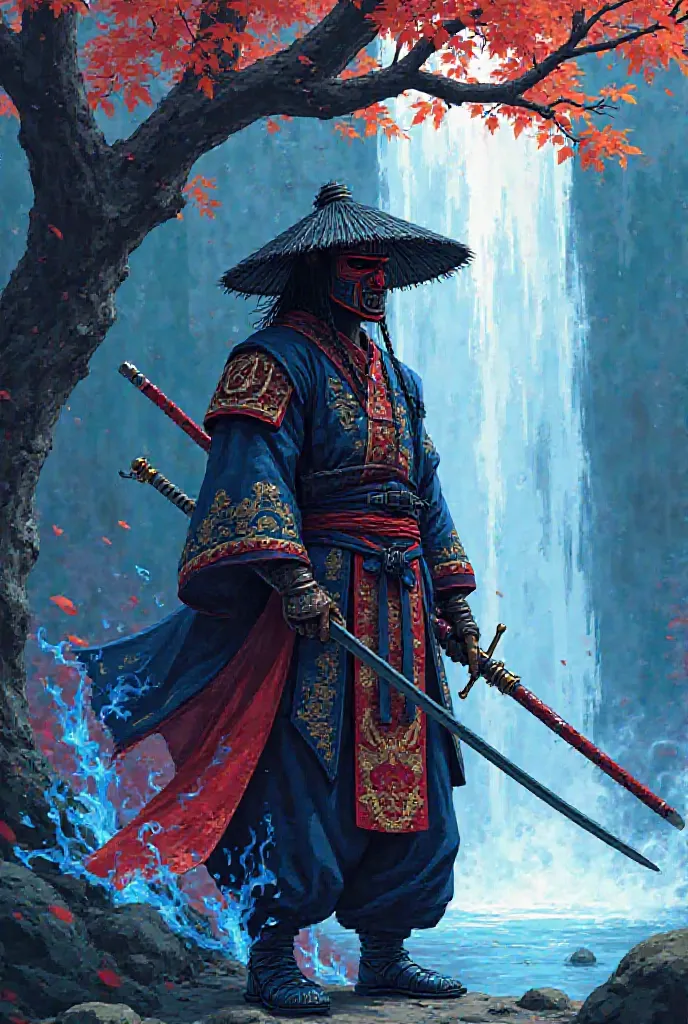 2D simplified samurai with spear and mask with black straw hat. Wearing a cape with interesting patterns in a Japanese style and blue flames around the. Under a tree with a waterfall in the background. Very bright in color mostly blue and red with lots of ...