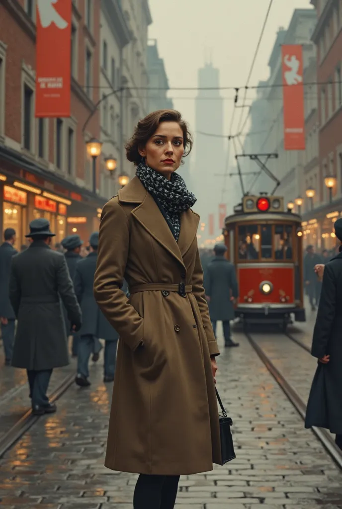 A highly detailed, realistic digital painting of a woman in the mid-20th century, standing on a bustling city street. She wears a modest yet elegant wool coat, a knee-length skirt, and polished leather shoes, reflecting the fashion trends of the era. A pat...