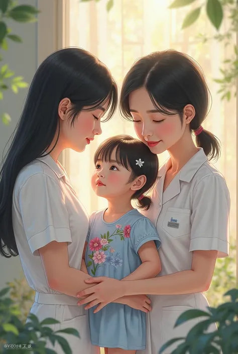 A Chinese-haired and black-haired nurse wearing a chemist wearing straight and uniform black hair with a baby in a blue dress with flowers holding hands 