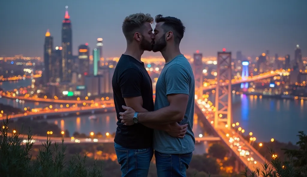 Create a realistic image And emotional of the two men Young people kissing passionately in a region overlooking the big city. The blond man, 28 years old, short hair, well-groomed beard and light blue eyes, Are you wearing a short sleeve black t-shirt and ...