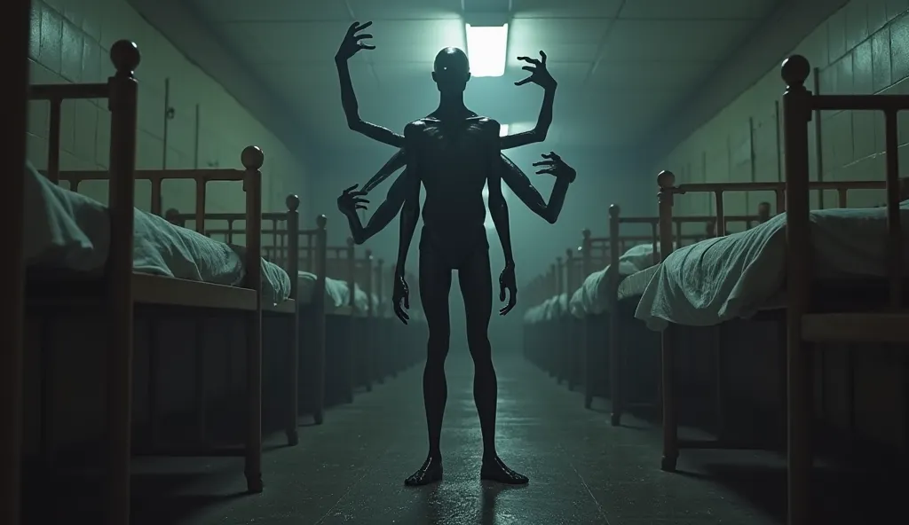 Imagine a dark, very tall, extremely thin humanoid being with limbs that appear to branch out into multiple appendages. His skin is black and shiny like wet oil, his face just a featureless void standing at the foot of a dormitory bed. The atmosphere is Si...