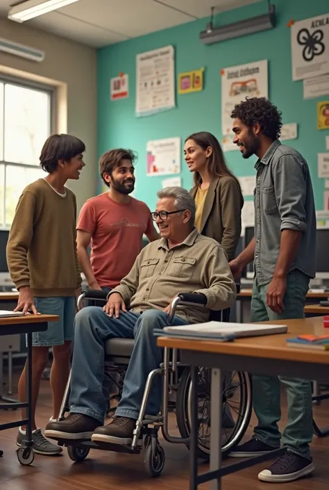 The image should show people of different ages, genres, races and abilities. It should include a person in a wheelchair, a person with glasses and a person and an indigent person with dirty and broken clothes

The background must be a modern classroom, wit...