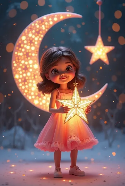 is a realistic picture of a  holding a, standing next to a decorated and illuminated moon and star . . The image represents an artistic show, . It may indicate a festive or joyful event. . The character is smiling and wearing a pink dress and white shoes ....