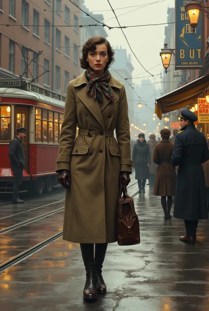 A highly detailed, realistic digital painting of a woman in the mid-20th century, standing on a bustling city street. She wears a modest yet elegant wool coat, a knee-length skirt, and polished leather shoes, reflecting the fashion trends of the era. A pat...