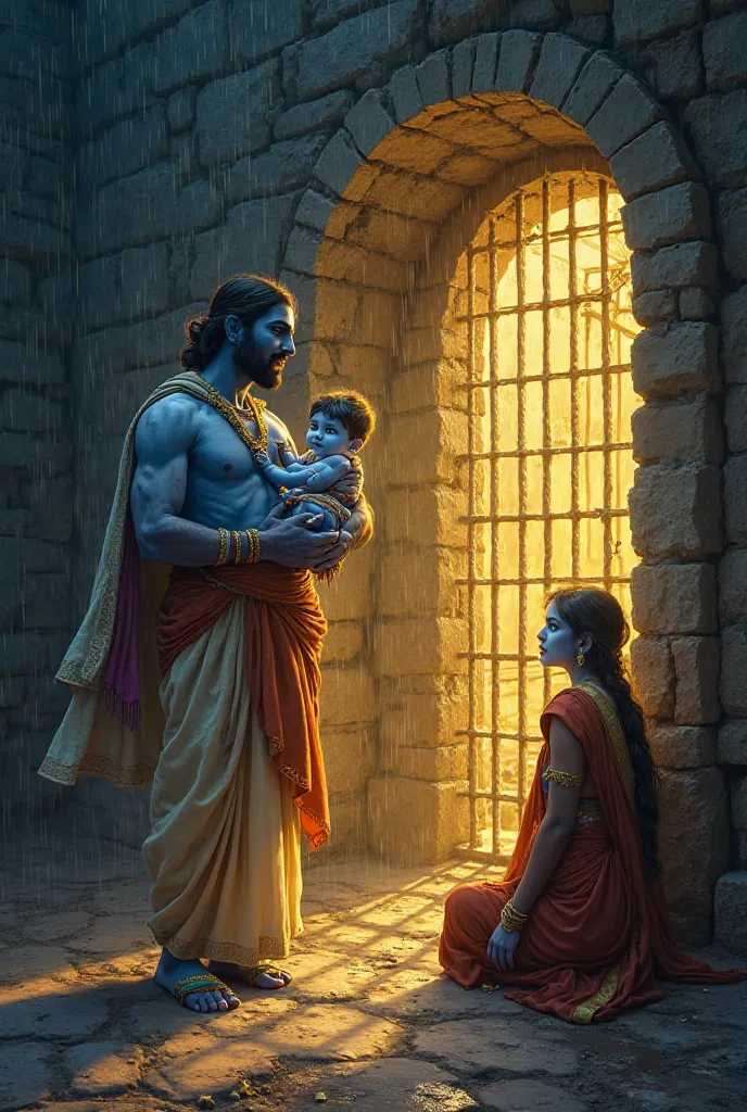 A divine scene depicting the birth of Lord Sri Krishna who is in blue skin tone in a prison cell. The setting is a dimly lit stone jail with iron bars, illuminated by a mystical, golden divine light surrounding the newborn Krishna. His father, Vasudeva, a ...