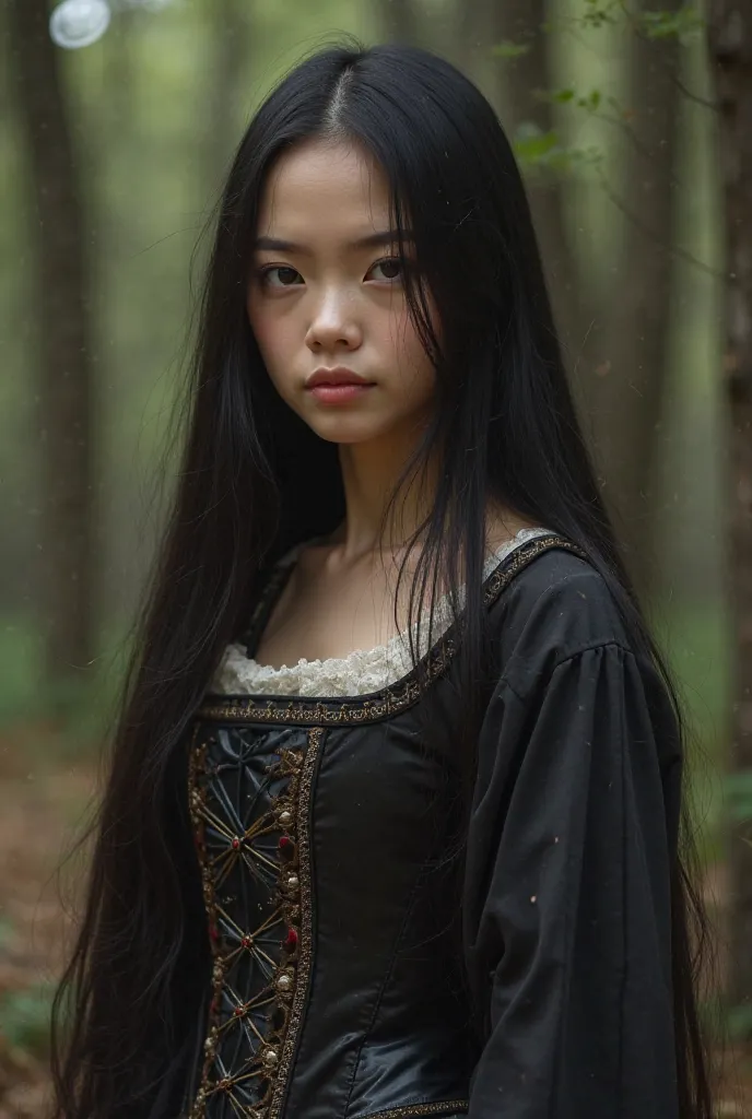 I want the image of a 22-year-old woman, with very long and straight dark black hair. Her skin is clear and healthy, her features are feminine, delicate and beautiful. Her pupil is a very dark gray. She wears a period commoner dress, With a corset. And she...