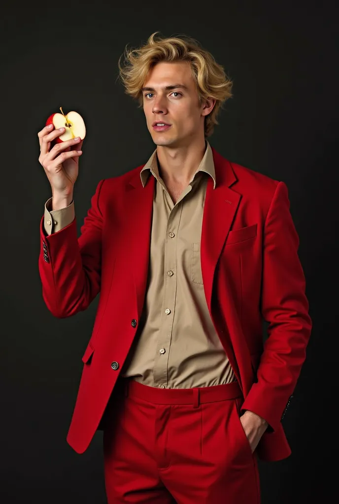 A tall blond-haired man is in his 20s with red loose suit pants and matching jacket beige shirt throws up a white apple that he is bitten into and the inside is red . The background should be dark and the man should look very good . Your hair should not be...