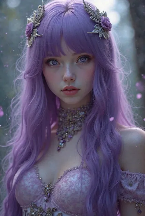 A most beautiful gir,long straights violet purple hair mix with a wavy straight bangs, amethyst eyes,a white pale skin,Arcana style 3d