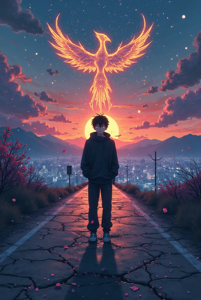 **Japanese Anime-Style Cover Art Prompt:**  

*"A highly detailed anime-style illustration depicting a lone young man in a black hoodie, standing on a cracked, endless road at dusk, representing the journey of life. His face is partially hidden by shadows,...