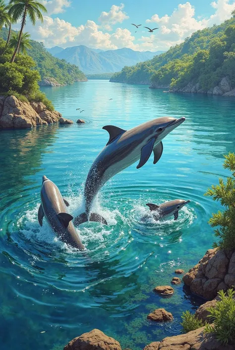 Drawing of Lake Maracaibo with dolphins jumping out of the water 