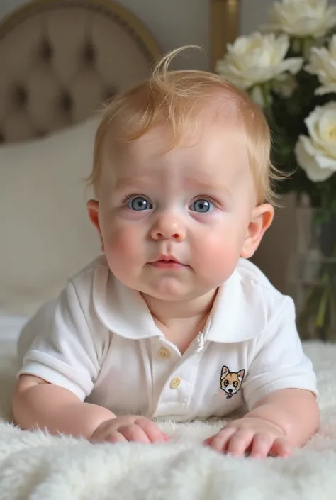  A beautiful baby boy is lying down , branquinho, blondie, fatty,  of bright blue eyes , with a curious and delicate expression. He wears a white polo shirt with an embroidered puppy on the front
with small buttons and well-defined seams.  His pink lips ar...