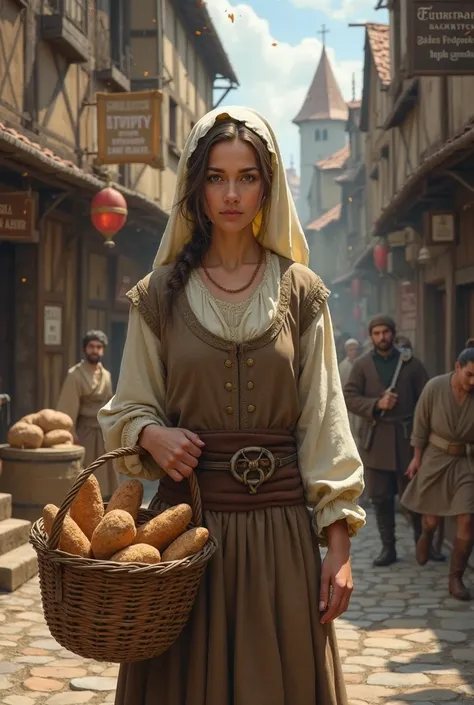 A highly detailed, historically accurate digital painting of a medieval woman standing in a bustling European town during the Middle Ages. She wears a modest woolen dress in earthy tones, with a linen underdress visible at the sleeves and neckline. A simpl...