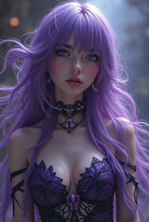 A most beautiful gir,long straights violet purple hair mix with a wavy straight bangs, amethyst eyes,a white pale skin,Arcana style 3d,savage dress