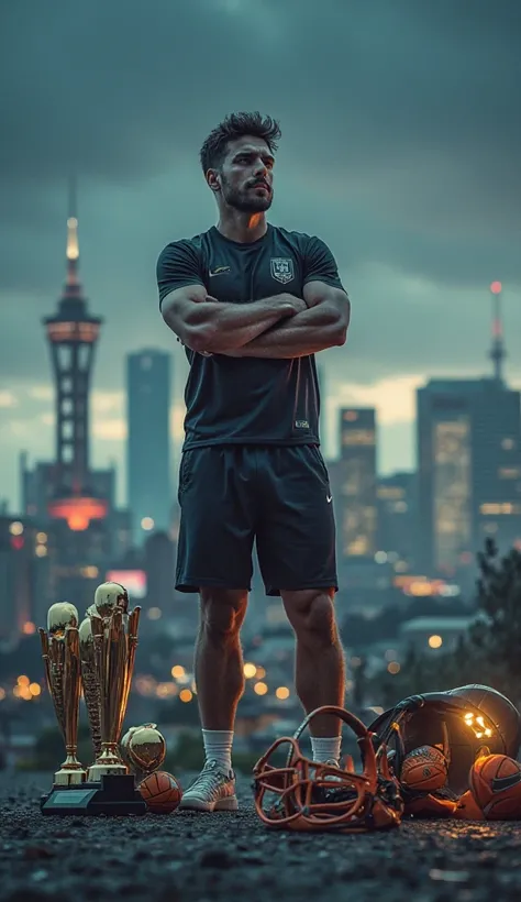 A professional sports person standing in a thoughtful pose, looking determined and focused, wearing a sportswear outfit, surrounded by sports equipment and trophies, with a city skyline in the background, 4k, ultra-detailed, photorealistic, dramatic lighti...