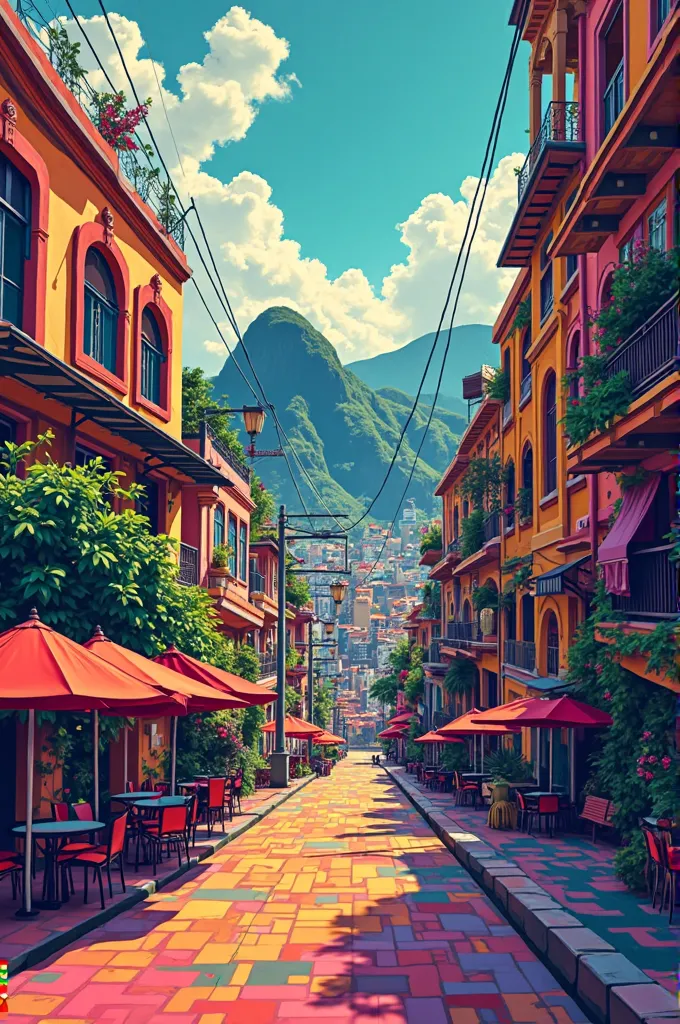 Generate pop art style images of the city of Medellin。contains the following elements( subway cable, Corte Herville, city, Carriel of Paisa, sailor's picture, Peñol of the Rock)