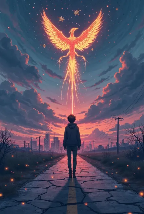 **Japanese Anime-Style Cover Art Prompt:**  

*"A highly detailed anime-style illustration depicting a lone young man in a black hoodie, standing on a cracked, endless road at dusk, representing the journey of life. His face is partially hidden by shadows,...